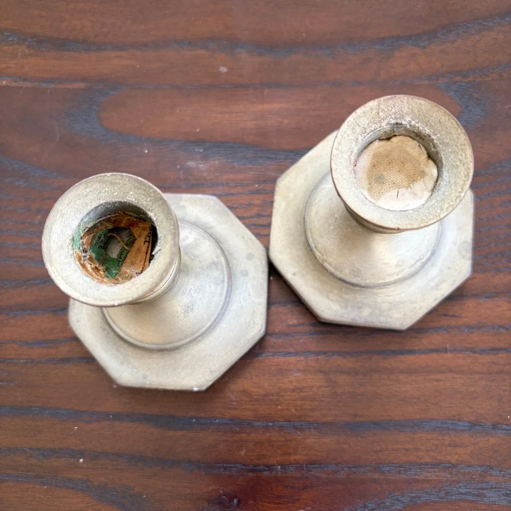 Ethan Allen Candlesticks Vintage Solid Brass Octagonal Taper Holders Gold Pair